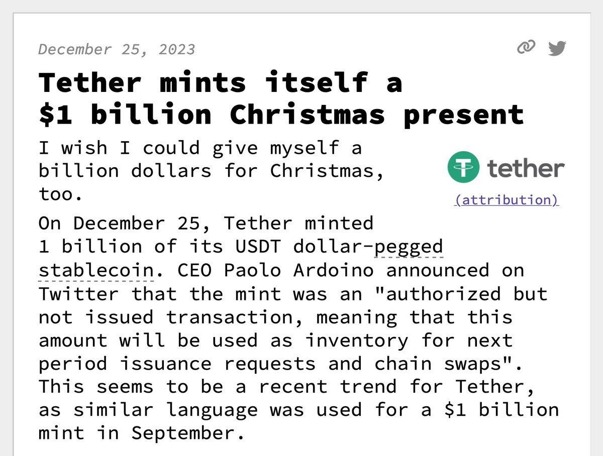 web3isgreat's tweet photo. Tether mints itself a $1 billion Christmas present

December 25, 2023
https://t.co/e48T9NgdEW https://t.co/aydkxJ5yyg