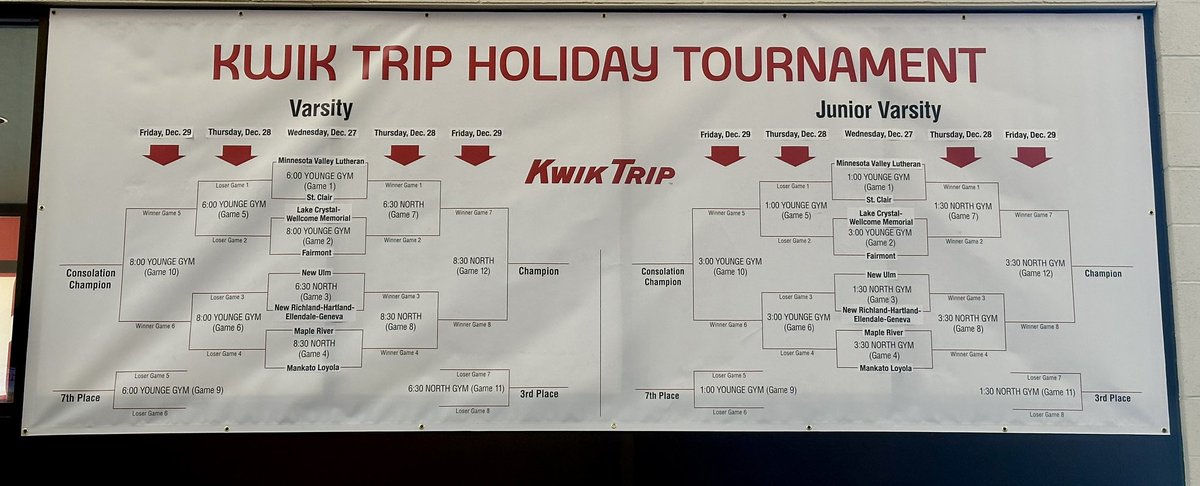 KwikTripHSBBall's tweet photo. We are ready to go! Tomorrow, Wed Dec 27 is the start of the 25th Annual @KwikTrip Holiday Basketball Tournament! JV in the afternoon and Varsity in the evening. See you @BethanyLutheran! 🌲🎉⛹️‍♂️🏀 https://t.co/hUwBgRdubv