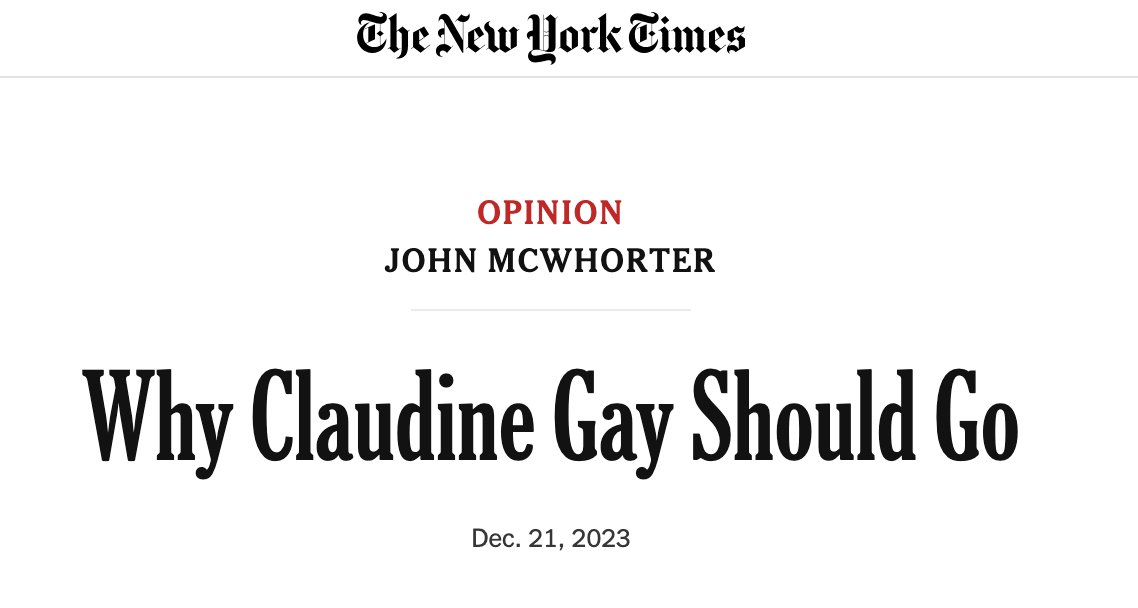 christopherrufo's tweet photo. The NYT, WaPo, Atlantic, and NYP all agree: Claudine Gay should resign. https://t.co/TW9T8OC4WT