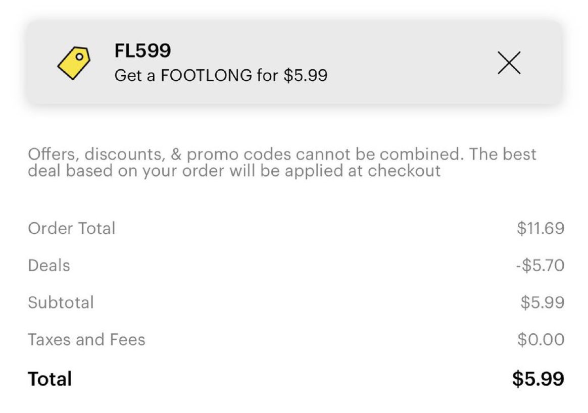 FatKidDeals's tweet photo. Subway Secret Promo Codes!!

Free Cookie with any Purchase
-Code SWEET

Get a Footlong Sub for $5.99
-Code FTL599

2 Footlong Subs for $12.99 
-Code FTL1299

3 Footlong Subs for $17.99
-Code FTL1799

6” Sub for $3.49
-Code SIXINCH349

Works on Subway App (US Only) https://t.co/oQ1NULvx8j
