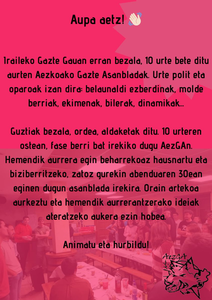 AezGA's tweet photo. Aupa aetz! 👋🏻

Larunbatean irekiera emanen diogu AezGAren aro berri bati.

Animatu eta hurbildu! 🤟🏼 https://t.co/Bp0HVkOFHA