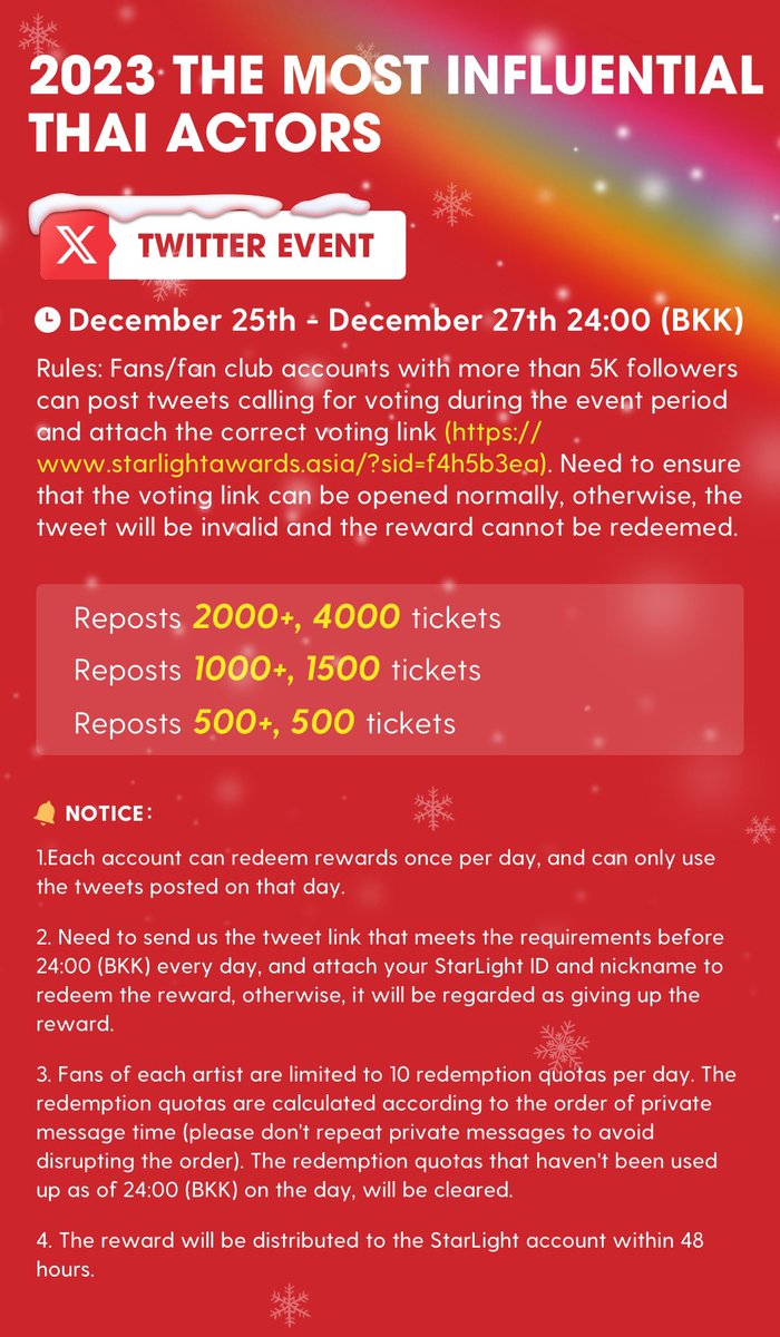 bluuniverse0406's tweet image. STARLIGHT TWITTER EVENT
DAY 3 - 27 DEC

The most influential Thai actors

Vote #BuildJakapan

🔗starlightawards.asia/?sid=f4h5b3ea 

Please RT / QUOTE to redeem ticket for this event💙

Reposts 2000+, 4000 tickets 
Reposts 1000+, 1500 tickets
Reposts 500+, 500 tickets

꒰ @JakeB4rever…