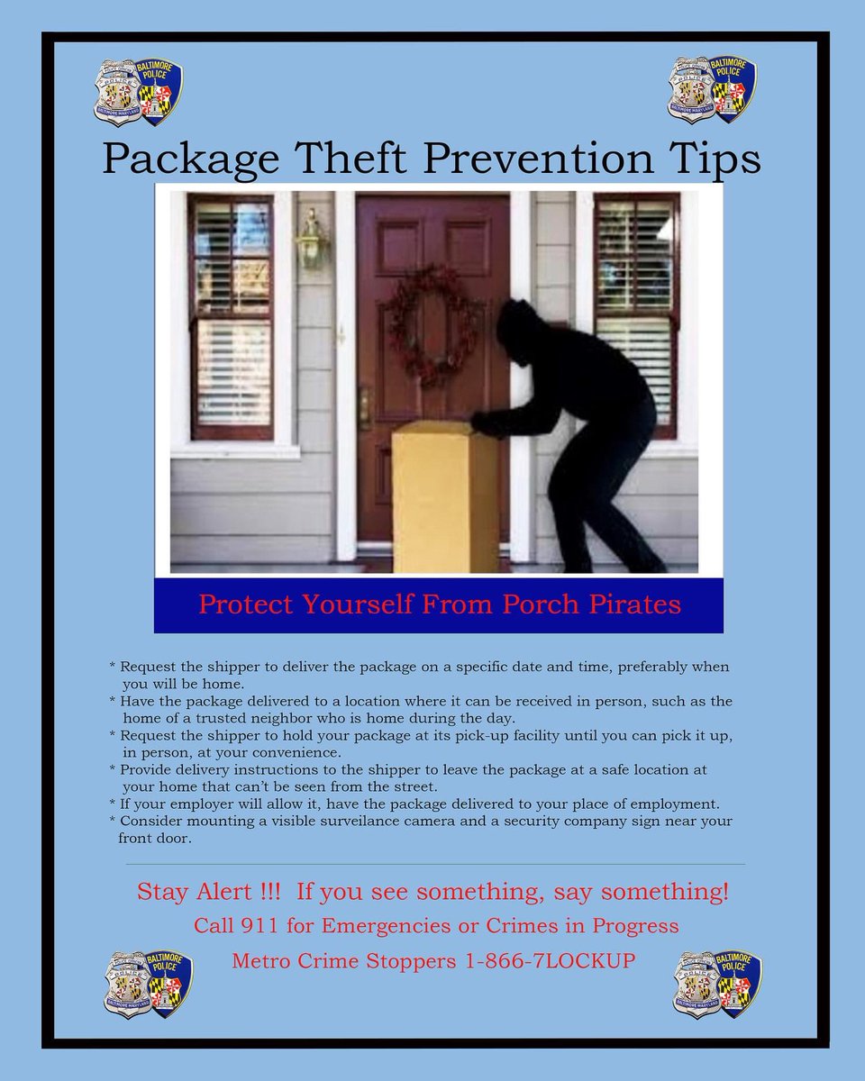 BaltimorePolice's tweet photo. DO take advantage of online sales. DON’T fall victim to porch pirates!
Always schedule delivery for a time when you can be home or have the package delivered to a secure area.
#BPDTips #PublicSafety #CrimePrevention https://t.co/rjNyvNrLkD