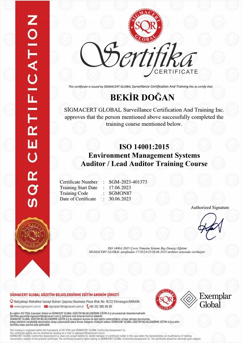 Bekir Doğan (@bduzmanproje) on Twitter photo ISO 9001:2015, ISO 14001:2015, ISO 45001:2018, ISO 22000:2018 eğitimlerini tamamlayarak Başdenetçi Sertikasını almaya hak kazandım.
<a href="/SBelgelendirme/">Sigmacert Belgelendirme</a> firmasına teşekkür ederim.
Belgelendirme işlemleriniz için bize ulaşabilirsiniz. ISO 9001:2015, ISO 14001:2015, ISO 45001:2018, ISO 22000:2018 eğitimlerini tamamlayarak Başdenetçi Sertikasını almaya hak kazandım.
<a href="/SBelgelendirme/">Sigmacert Belgelendirme</a> firmasına teşekkür ederim.
Belgelendirme işlemleriniz için bize ulaşabilirsiniz.