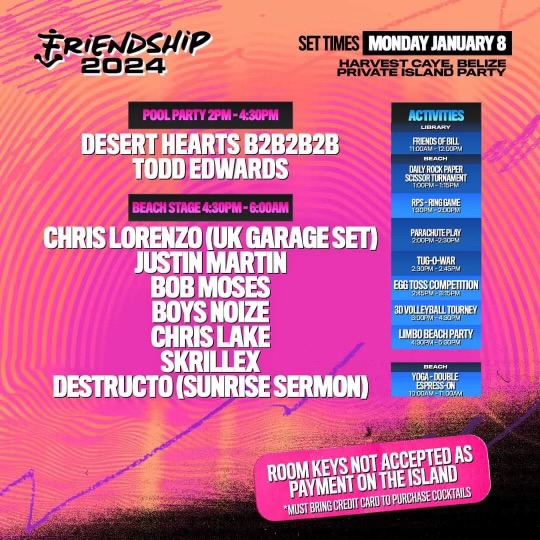 destructoamf's tweet photo. We have been working all year to make the 2024 @Friendship  Experience the most unique and beautiful we can imagine on an island and on the sea. Looking forward to seeing All My Friends. Thank you to all the artists joining, all the FriendShip staff who has worked tirelessly over the year and, the ShipFam who is the best Fam. See Everyone in Miami soon soon. We pulling out all the stops on this one. You better Belize it!