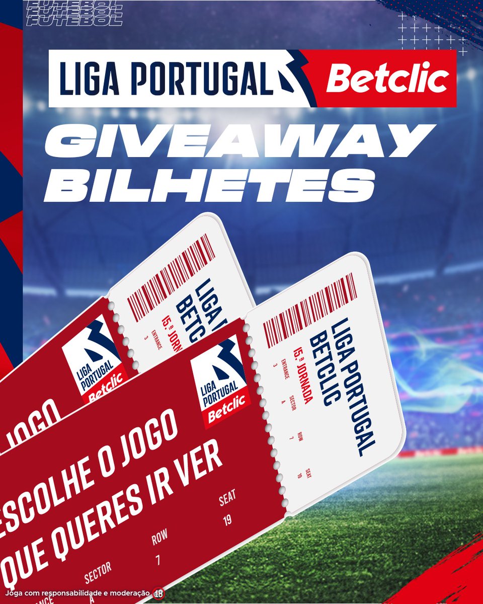🚨⚽ GIVEAWAY DE 10 BILHETES DUPLOS PARA A 15.ª JORNADA! #LigaPortugalBetclic

- Segue a <a href="/BetclicPortugal/">Betclic Portugal 🔞</a>
- Dá RT + FAV
- Comenta o jogo que queres ir ver e identifica quem levas contigo

Comenta várias vezes mas identifica pessoas diferentes.
Vencedores anunciados quinta-feira.