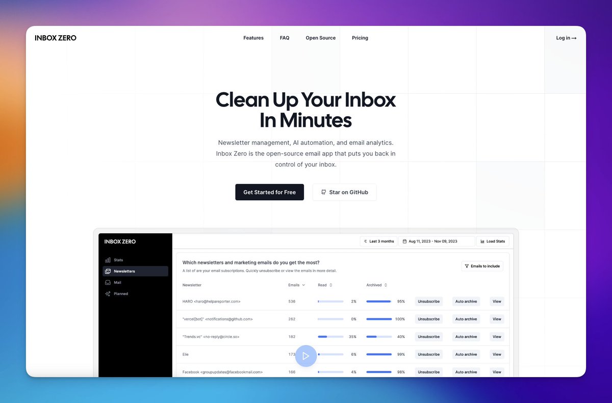 steventey's tweet photo. Love this new open-source app by @elie2222: https://t.co/Ro6YC3krge

It's an AI-enhanced email analytics app to manage your inbox on autopilot.

The tech stack:
◆ @nextjs
◆ @tailwindcss + @shadcn UI
◆ @prisma
◆ @tinybird
◆ @upstash
◆ @openai
◆ @turborepo on @vercel ▲ https://t.co/jTHo8fXdsa