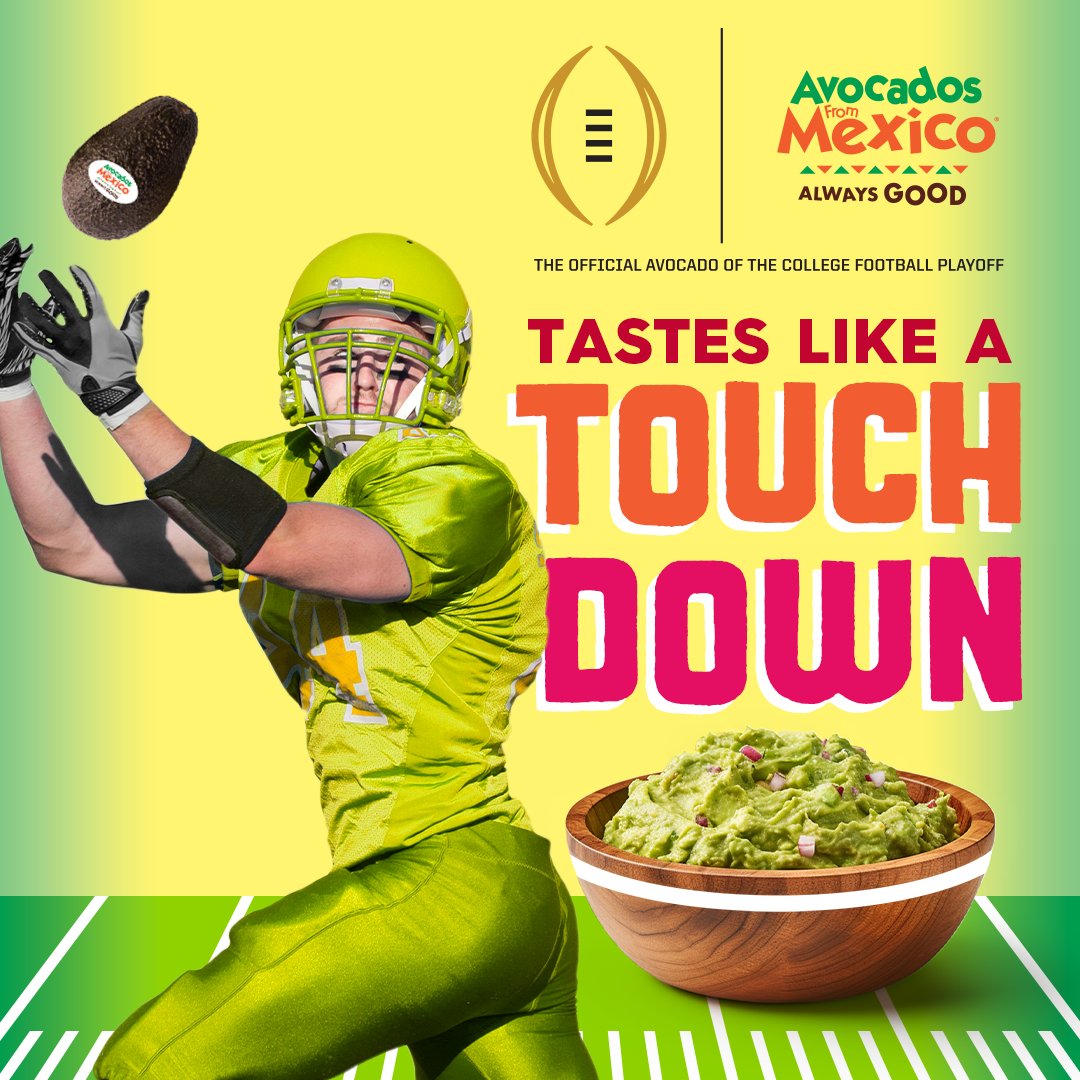 CFBPlayoff's tweet photo. Avocados From Mexico (@AvosFromMexico) are the official avocado of the #CFBPlayoff (and the secret to winning at homegating!) #GuacGating #AlwaysGood

🥑🏈🏆 https://t.co/ZNKAtRU7Gp
