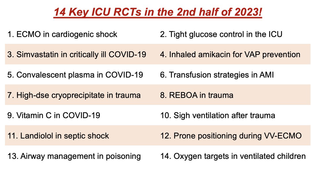 ✅Summary of Key ICU RCTs in the 2nd half of 2023! Specifically, this list covers 14 trials published in NEJM, JAMA, and Lancet between July and December of this year! I hope this 🧵 will help you review the best RCTs of the year😉 #FOAMcc @NEJM @JAMA_current @TheLancet