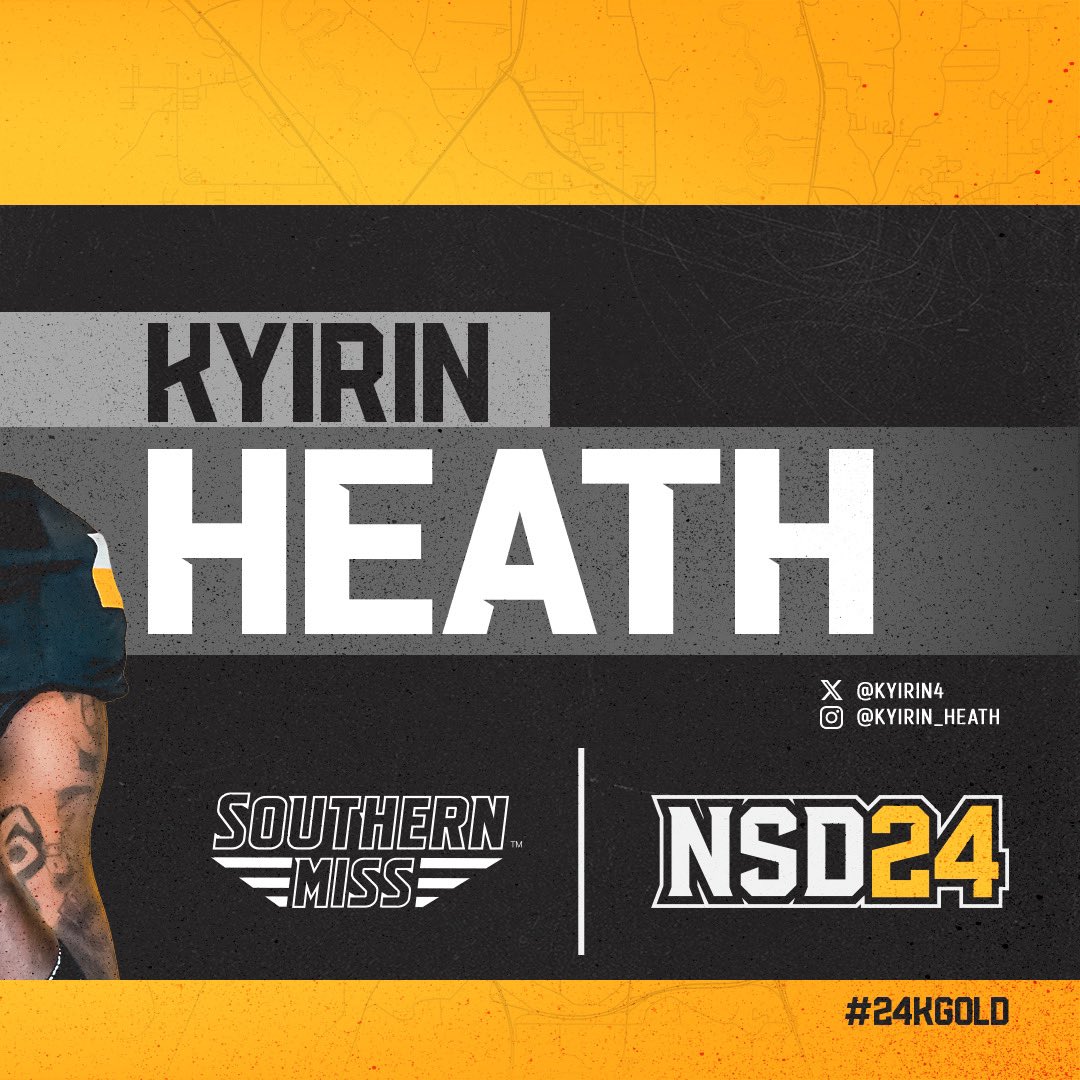 SouthernMissFB's tweet photo. 𝗪𝗲𝗹𝗰𝗼𝗺𝗲 𝘁𝗼 𝘁𝗵𝗲 𝗚𝗼𝗼𝗱 𝗦𝗶𝗱𝗲 😏 

➡️ Kyirin Heath
📍 Ole Miss 
🏈 TE

#24KGold | @Kyirin4 https://t.co/Wd2NERRVUL