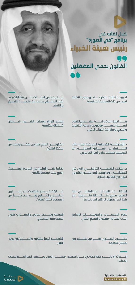 saudi_justice's tweet photo. "القانون يحمي المغفلين"
.
.
تعرّف على أبرز ما ذكره أحد أهم صُنّاع التشريع في المملكة معالي رئيس هيئة الخبراء أ.محمد العجاجي، في لقاء #في_الصورة https://t.co/iOLKmlvHNz