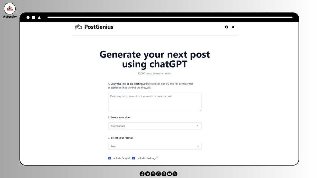 sbtechy's tweet photo. 🌟 Introducing PostGenius https://t.co/AfSXCPbSSG – Your ultimate destination for crafting engaging posts! 🚀 https://t.co/yT7WlgWt2h