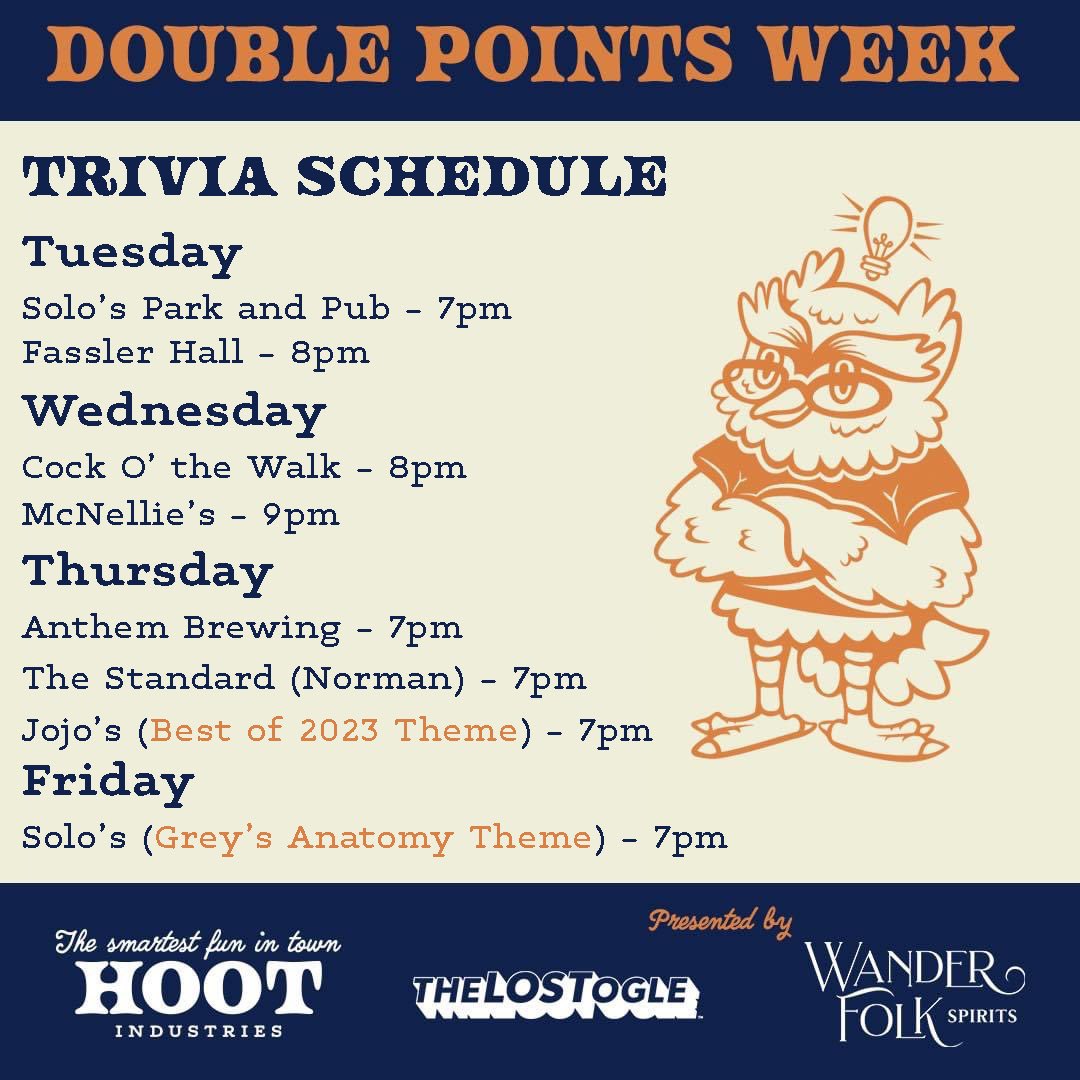 Hoot Industries (@hootindustries) on Twitter photo Double-Points Week presented by <a href="/WFspirits/">WanderFolk Spirits</a> is here!
Get out and play to secure your spot in the Trivia Bowl Final! Double-Points Week presented by <a href="/WFspirits/">WanderFolk Spirits</a> is here!
Get out and play to secure your spot in the Trivia Bowl Final!