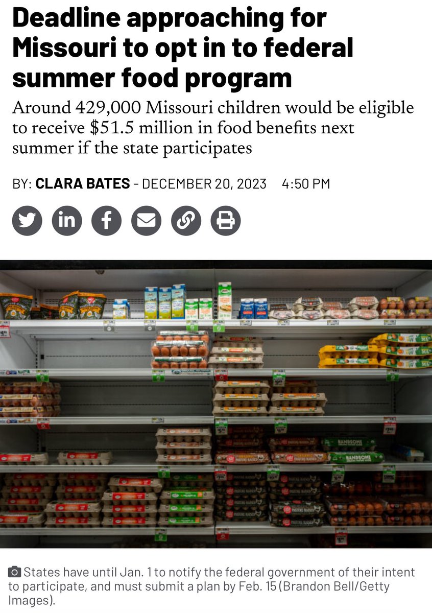 allenanalysis's tweet photo. NEW, JUST IN. Did you know that Missouri returned a staggering $42 million in federal funds that were meant for child nutrition programs? 

And it's projected to send back $51 million this year! 

Imagine how much of a difference that money could have made in the lives of children who rely on these programs. 

This is occurring under a GOP Supermajority that identifies as "pro-life."

Approximately 429,000 children in Missouri could be eligible for $51.5 million in food benefits during the upcoming summer if the state opts to take part in the program.

The state has faced challenges administering the Pandemic Electronic Benefits Transfer (P-EBT) program due to administrative hurdles and limitations in state and local data collection systems. 

Over 259,000 children have been issued summer 2022 P-EBT benefits, but 55,600 have not due to data issues. 

The state's decision has sparked frustration among Missouri families, who feel that this decision has robbed them of needed support. 

Despite these challenges, Missouri has expressed intentions to focus on implementing system changes to facilitate participation in future EBT programs.

Missouri decided to turn down millions in federal food aid for low-income children | KCUR - Kansas City news and NPR

https://t.co/NFiiKXM7cy

Missouri has decided to turn down millions in federal food aid for low-income children • Missouri Independent

https://t.co/vlwEpjSFou

Missouri has decided to turn down millions in federal food aid for low-income children

https://t.co/2k7BAzumIb
