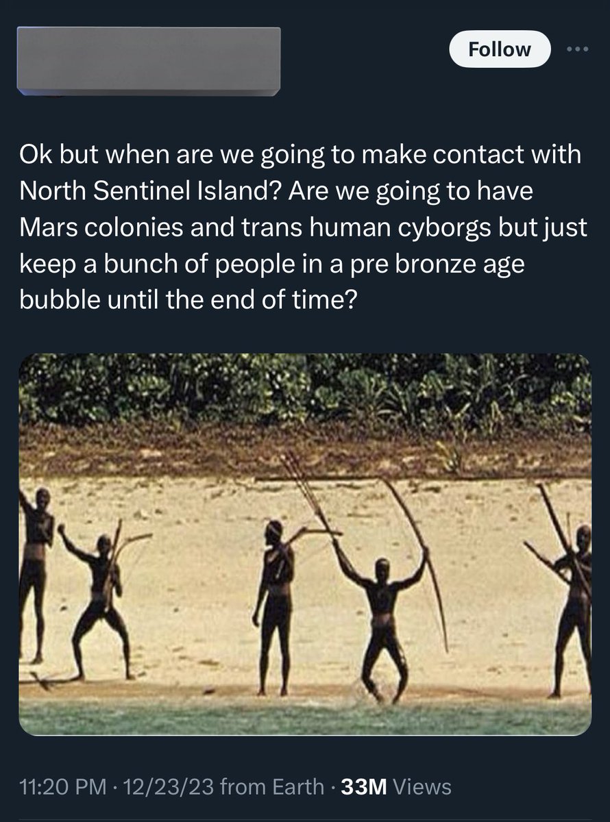 Trey_Explainer's tweet photo. Every year someone has to bring up discourse about the North Sentinelese. Ignoring the obvious dangers of exposing them to diseases they have no immunity to, we *have* made contact with them several times. Every time they demonstrate they do not want contact. Leave them alone. https://t.co/1opsjjFLvv