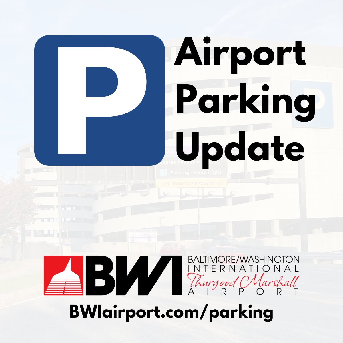 All airport parking facilities have temporarily reached capacity.

Drivers are advised to use the garage at the BWI Marshall Airport Rail Station at 5 Amtrak Way.

Updates at BWIairport.com and on roadway signage. #MDOTdelivers #airports