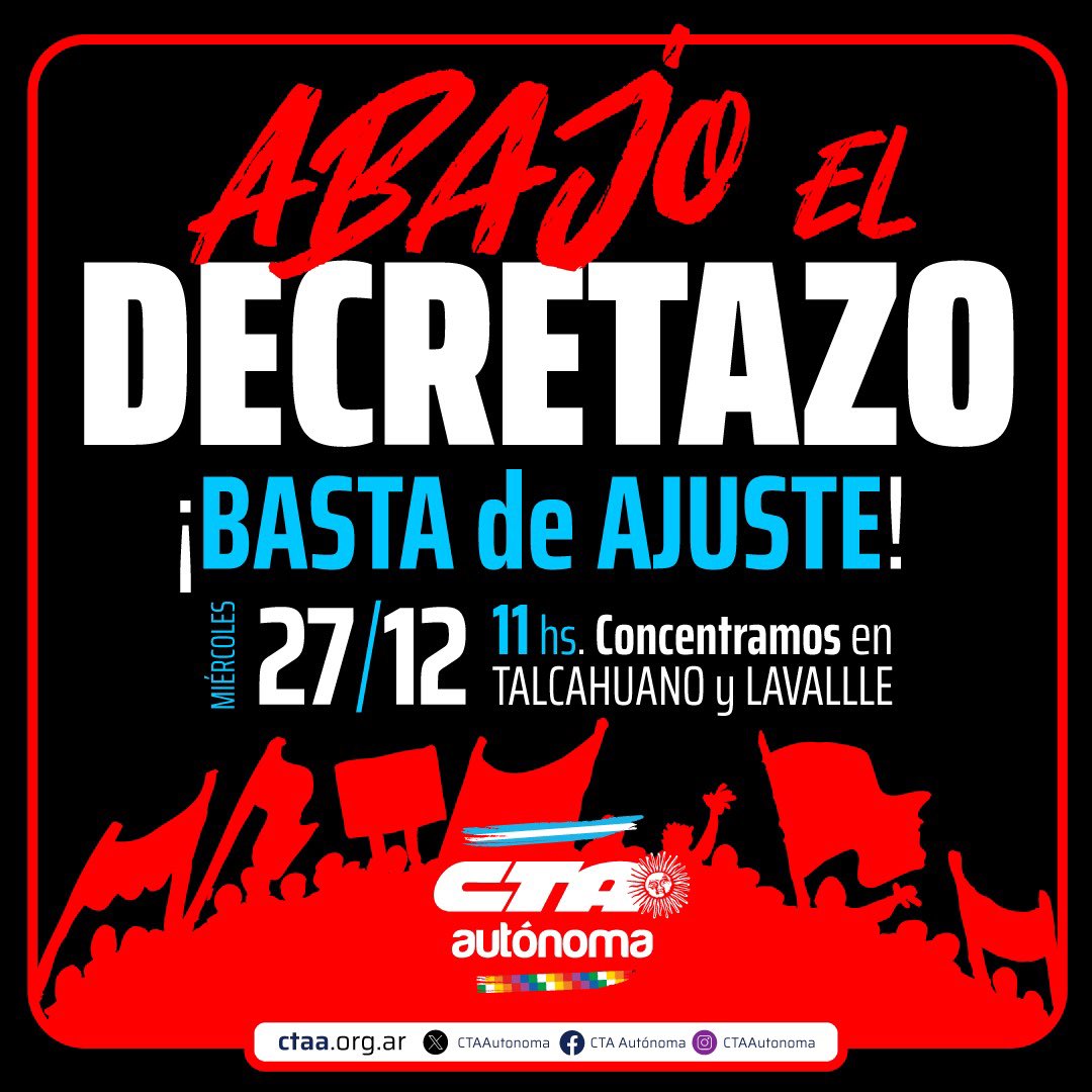 Vamos a defender nuestro derecho constitucional a la protesta! No vamos a permitir que nos arrebaten la herramienta más importante que tenemos! #BastaDeAjustar #CTA #ParoYMovilizacion