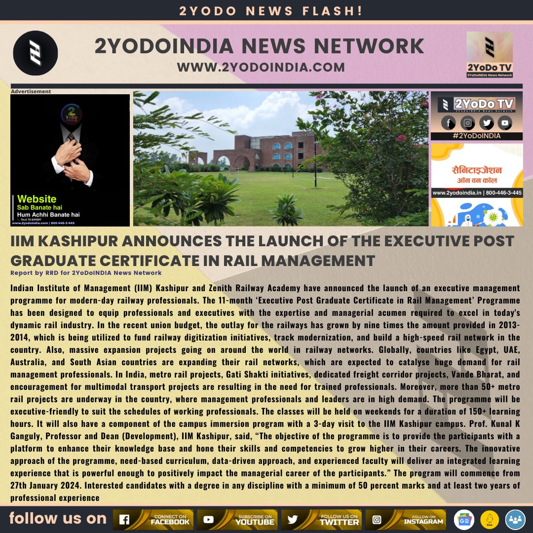 IIM KASHIPUR ANNOUNCES THE LAUNCH OF THE EXECUTIVE POST GRADUATE CERTIFICATE IN RAIL MANAGEMENT

for more news visit 2yodoindia.com

#2YoDoINDIA #IndianInstituteOfManagement #IIMKashipur #ZenithRailwayAcademy #ExecutivePostGraduateCertificateInRailManagement