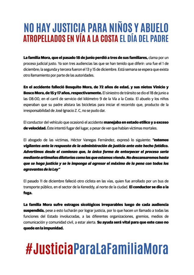 lahistoriaec's tweet photo. Justicia que no funciona. Tres veces se han suspendido las audiencias de juzgamiento en contra del responsable del atropellamiento y muerte de un abuelo y sus dos nietos, hecho ocurrido el 18 de junio en la vía a la Costa, #Guayaquil. El conductor estaba ebrio y manejaba a exceso de velocidad. La familia Mora exige que no se dilate más el caso.