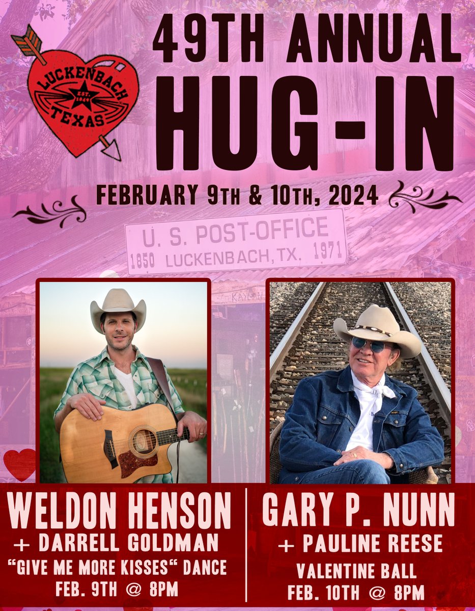 📷49th Annual Hug-In📷 TICKETS ON SALE NOW at bit.ly/hug-in-2024
Friday Feb. 9th: “Give Me More Kisses” Dance Weldon Henson + Darrell Goldman Band @ 8pm
Saturday Entertainment: “Valentine Ball” Gary P. Nunn + Pauline Reese @ 8pm
#LuckenbachLove #LuckenbachTexas