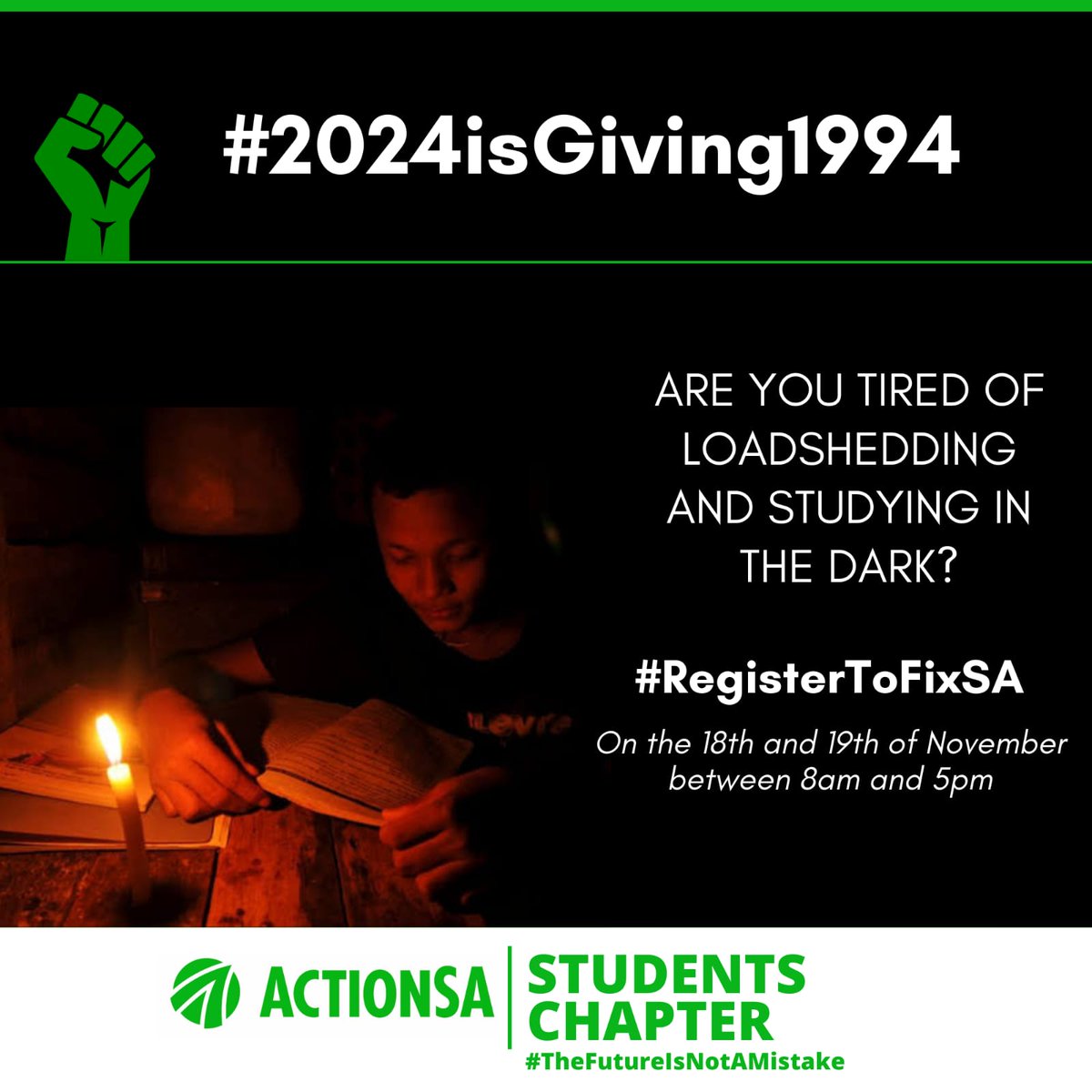 StudentsChapter's tweet photo. Are you tired of loadshedding and studying in the dark? π
#RegisterToFixSA πΏπ¦ on the IEC website at https://t.co/v1yhUbBAHE and #LetsFixSouthAfrica in the upcoming #2024Election
#2024isGiving1994 π³οΈ #TheFutureIsNotAMistake π https://t.co/NionhySQLM