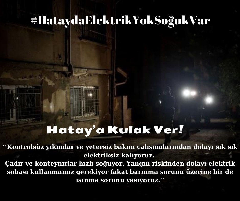 Samandagafet's tweet photo. Depremin üzerinden aylar geçti fakat biz her yeni güne daha büyük sorunlarla uyanıyoruz. Şimdi de kışın ortasında çadırlarda, konteynırlarda yetersiz bakım ve kontrolsüz yıkım çalışmaları sebebiyle sık sık elektriksiz kalıyoruz. Sesimizi duyurun 📢

#HataydaElektrikYokSoğukVar https://t.co/kzqXZtTPLl