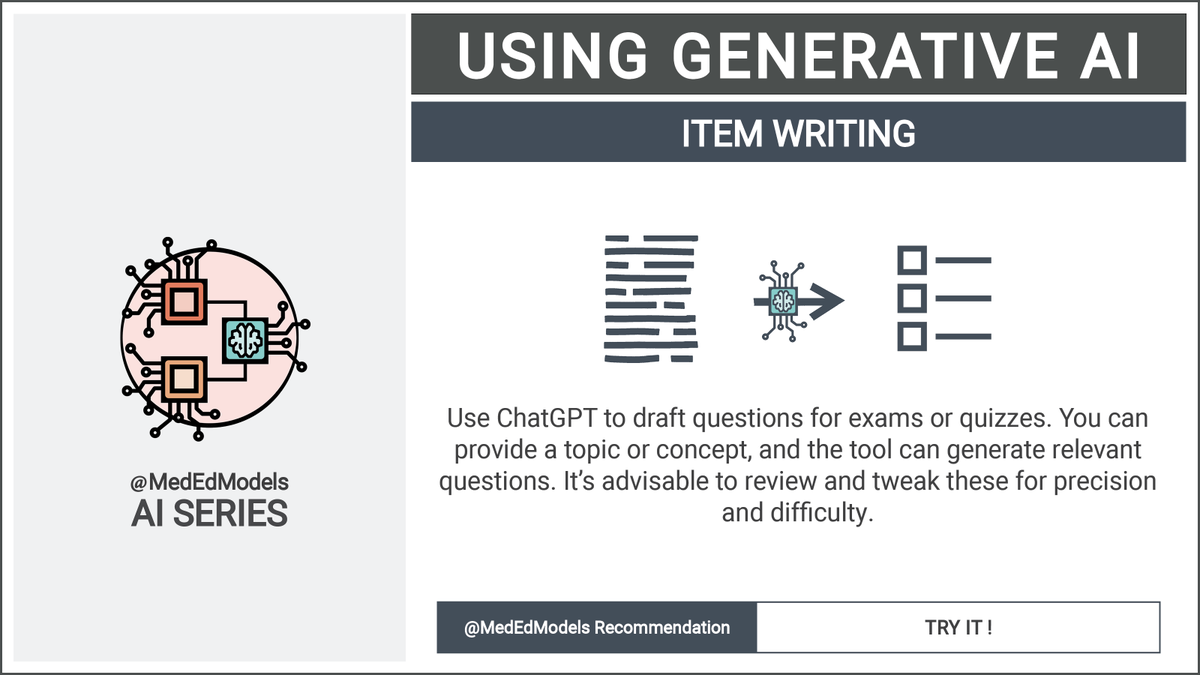 MedEdModels's tweet photo. Are you trying to keep up with #AIMedEd?
Look no further, #MedTwitter! Here is another entry in our #miniMEM series on uses for AI.
Today's focus? Item writing. https://t.co/ljjx9XB5lF