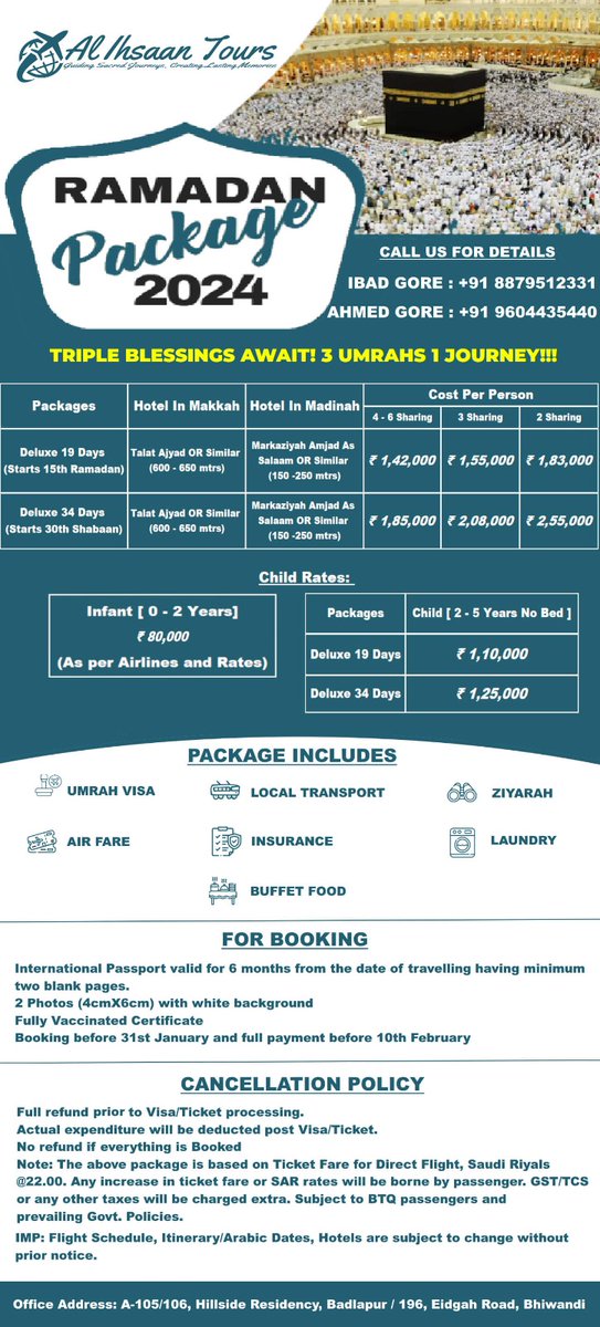 Triple Blessings Await! 🌙 Ramadan Umrah Package - 3 Umrahs, 1 Journey!"
Elevate your Ramadan experience with our special Umrah package! 🕋 
 Limited slots! 
🌟 Call now to seize this unique opportunity.