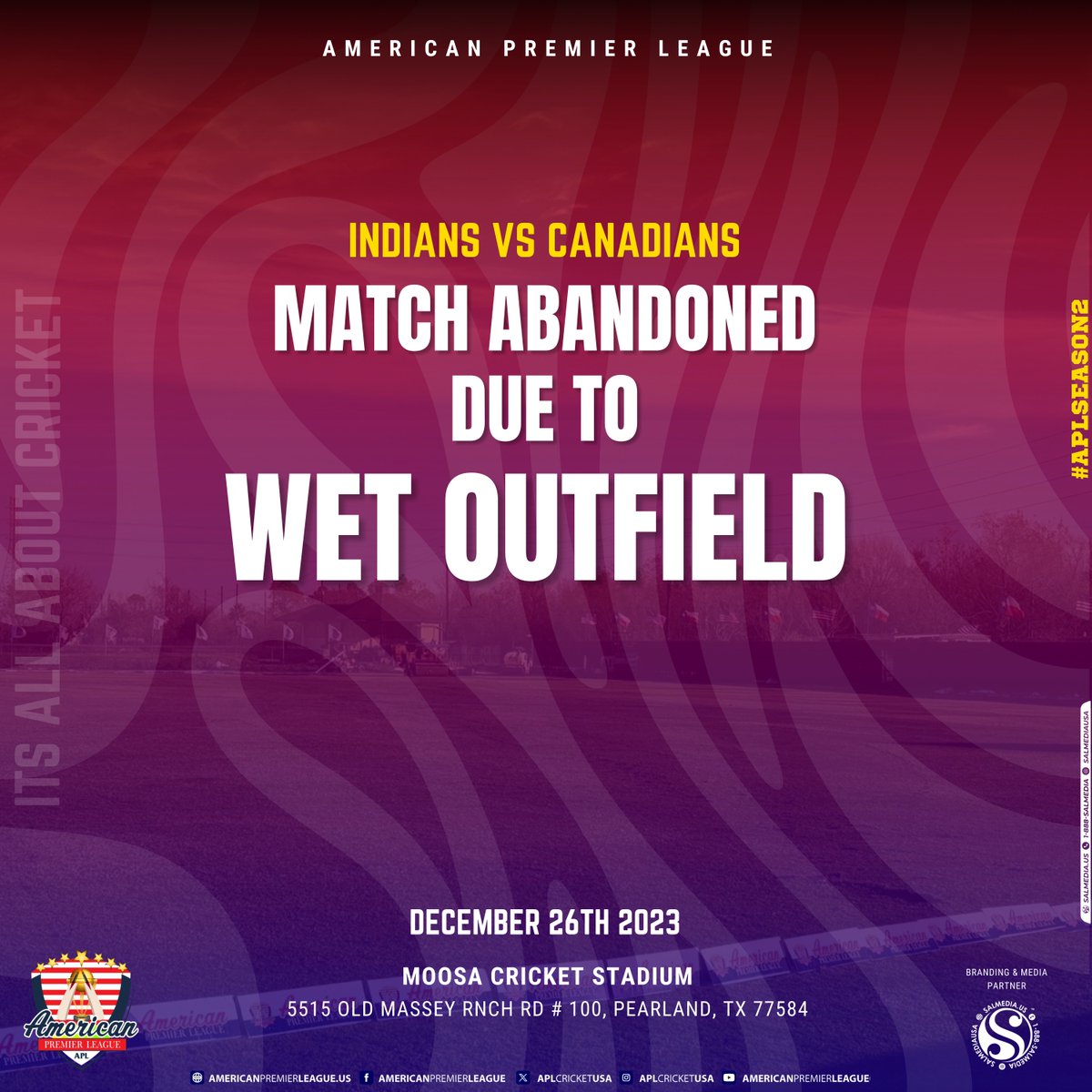Decision made: The cricket showdown between the Indians and Canadians at Moosa Cricket Stadium has been abandoned due to a wet outfield.📷

Branding &amp; Media Partner <a href="/salmediausa/">Sal Media</a>

Our website: americanpremierleague.us

#apl #cricketfever #aplseason2 #salmediausa #salmediasports