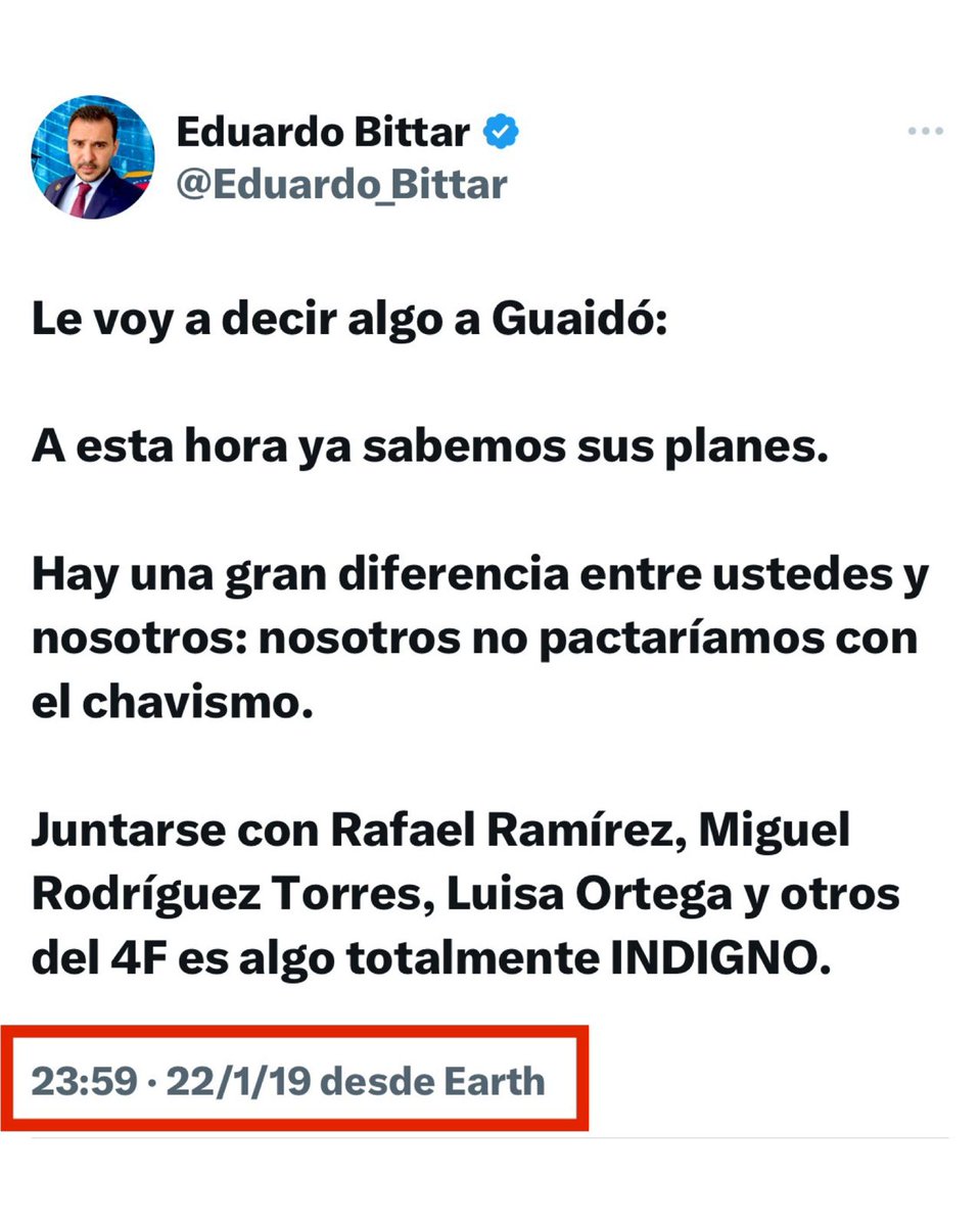 ¿Quién carajo es <a href="/Eduardo_Bittar/">Eduardo Bittar</a>?

Un venezolano X que predijo el futuro y al que <a href="/jguaido/">Juan Guaidó</a> y toda la MUD le tienen pánico. 

Guaidó, para engañar a los que no conocen a Bittar, lo cataloga de “chavista” siendo este de los más radicales de la RESISTENCIA contra el chavismo.