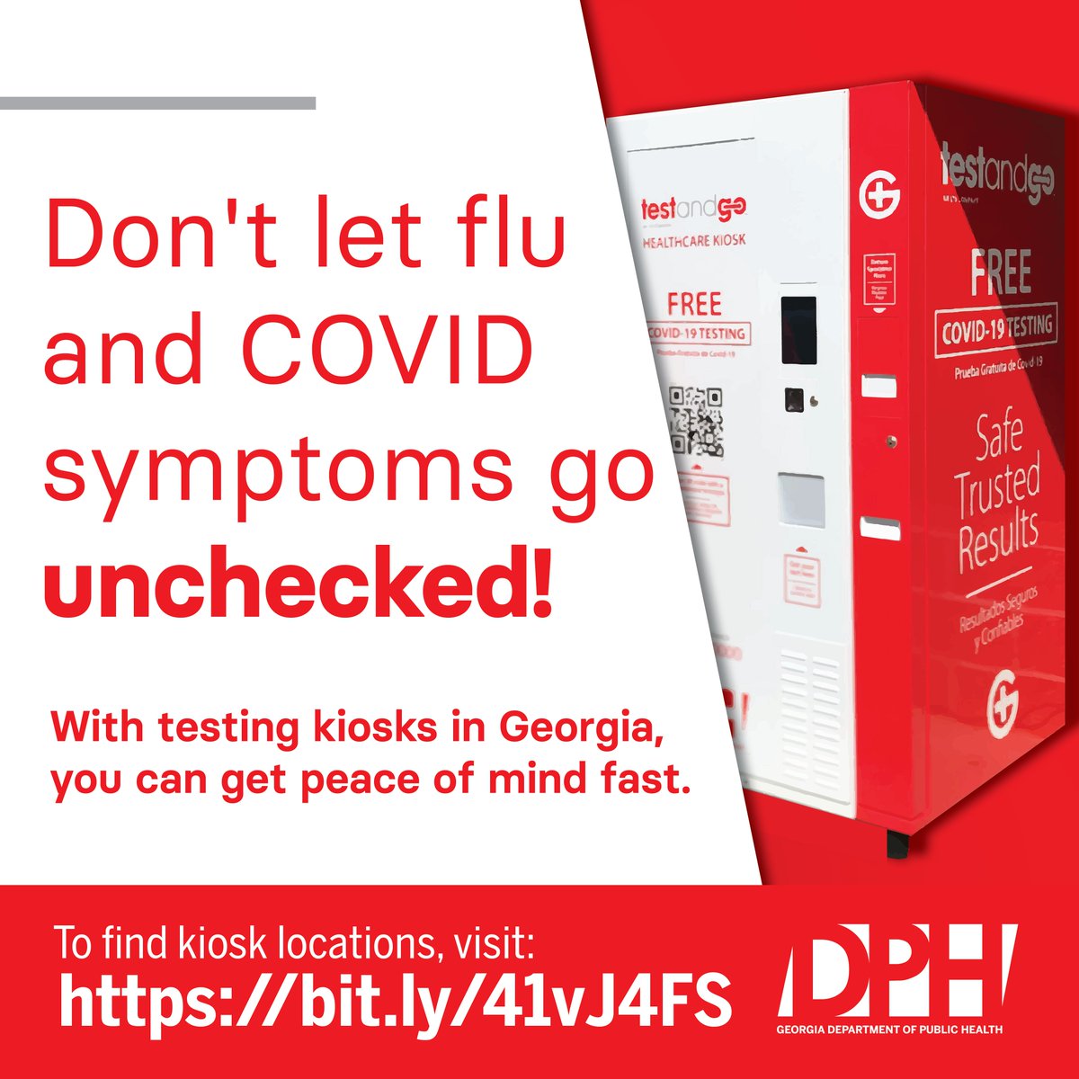 GaDPH's tweet photo. Don't let flu and COVID symptoms go unchecked! With testing kiosks in Georgia, you can get peace of mind fast. Stay informed and stay healthy this winter. Visit https://t.co/CxmzgoXc2H to locate a nearby kiosk and get tested today! #StaySafeGeorgia #GetTested https://t.co/ohHoKH1PtU