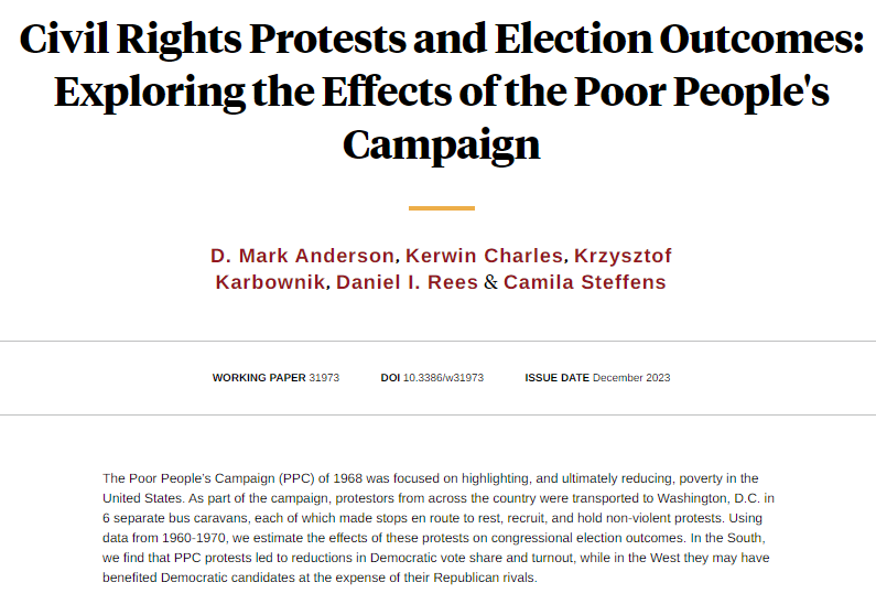 NBER (@nberpubs) on Twitter photo In the South, the Poor People's Campaign led to reductions in Democratic Party vote share and turnout in the 1968 congressional elections, from D. Mark Anderson, Kerwin Charles, <a href="/chriskarbownik/">Krzysztof Karbownik</a>, Daniel I. Rees, and <a href="/CamilaSteffens3/">Camila Steffens</a> nber.org/papers/w31973 In the South, the Poor People's Campaign led to reductions in Democratic Party vote share and turnout in the 1968 congressional elections, from D. Mark Anderson, Kerwin Charles, <a href="/chriskarbownik/">Krzysztof Karbownik</a>, Daniel I. Rees, and <a href="/CamilaSteffens3/">Camila Steffens</a> nber.org/papers/w31973