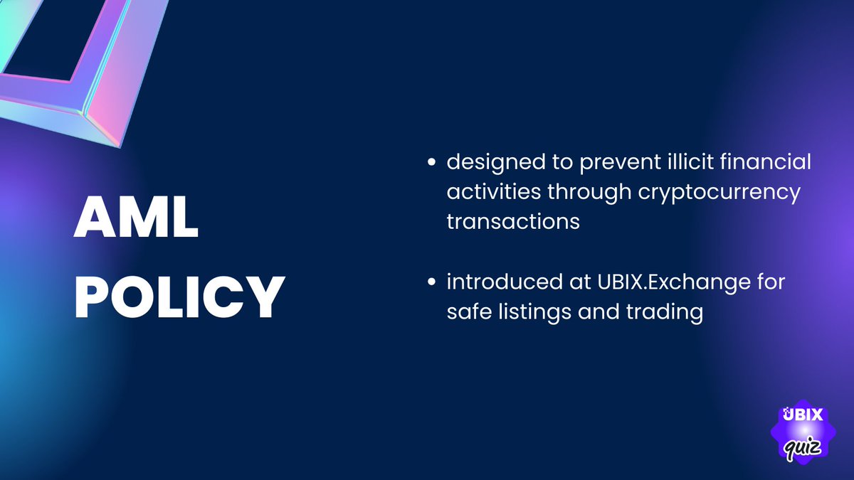 UBIX_Network's tweet photo. Do you know what AML policy is?🧠

📚AML (Anti-Money Laundering) policy in crypto exchanges refers to the set of regulations and procedures designed to prevent money laundering and illicit financial activities through cryptocurrency transactions.

😌We've implemented a robust AML policy at UBIX Exchange to ensure secure trading and asset listing. Trade and list with confidence 👉 https://t.co/R6qZB7Mtjc

#UBIXquiz
