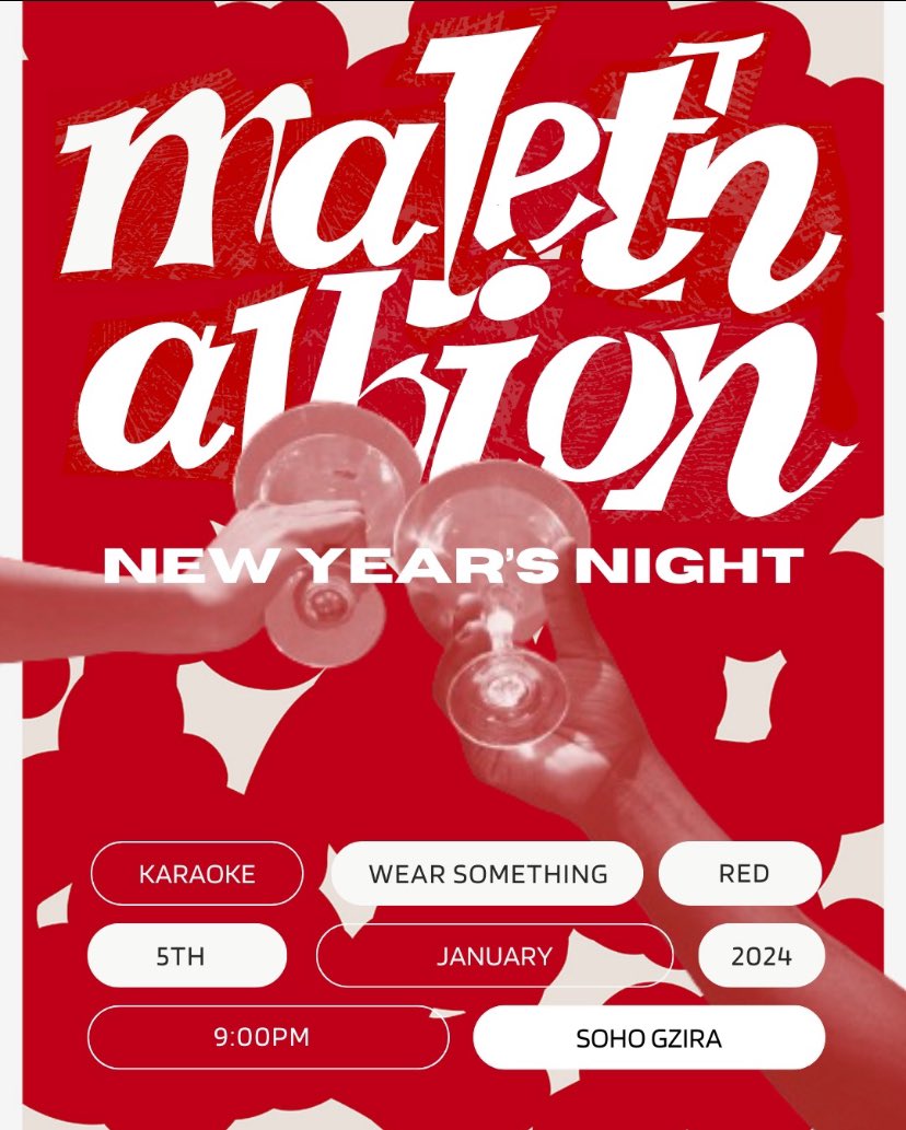 MalethAlbion's tweet photo. Kicking off the new year with a bang! 🎉 Join us for a night of karaoke and endless fun at our New Year's Party! 🔴 Dress to impress in shades of red and let's make the first event of the year unforgettable! ⚽🎤

@MaltaSoho https://t.co/1CjXsY5Up7