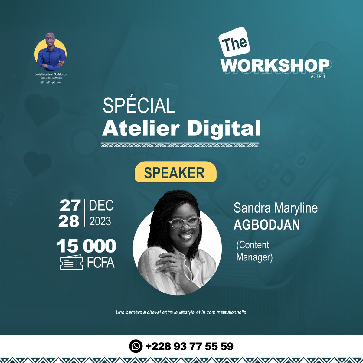 sandramarilyne's tweet photo. Hâte d’être à ce jeudi pour des échanges et partage d’expérience de qualité!
The Workshop by @jovialsodatonou is the place to be ces 27 et 28 Décembre.
Save the date 👌🏾
#TheWorkshop #Atelierdigital #SandraMarilyne https://t.co/KFzc25NZLo