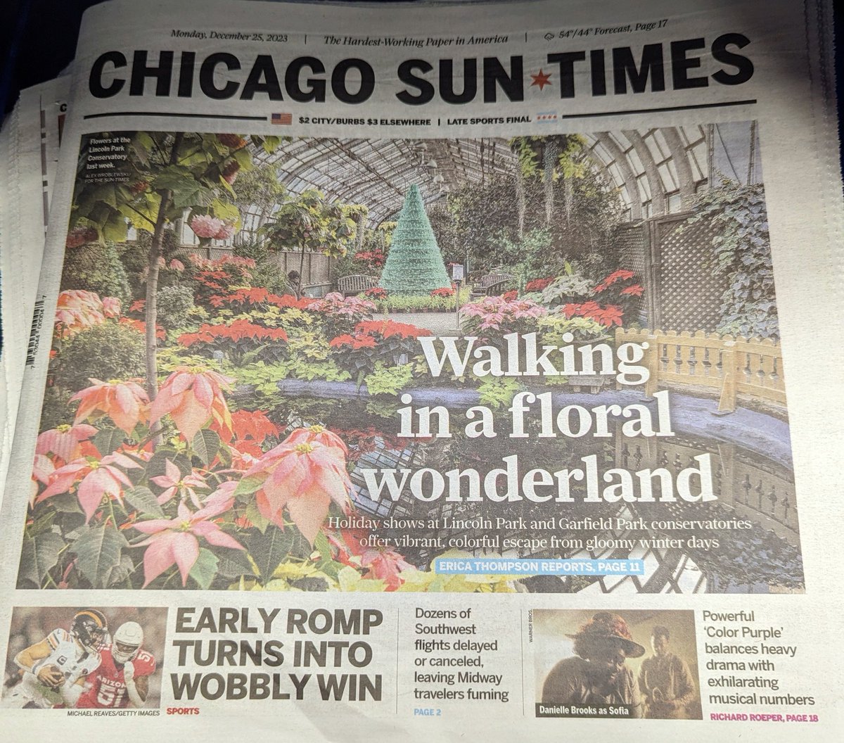 👀 We made it on the front page of the @Suntimes! Thanks to @Miss_EThompson for the great story about the @gpconservatory & Lincoln Park Conservatory Winter Flower Shows, open thru Jan. 7. Read the story at chicago.suntimes.com/2023/12/22/240…. Reservations 👉chicagoparkdistrict.com/conservatory-f….