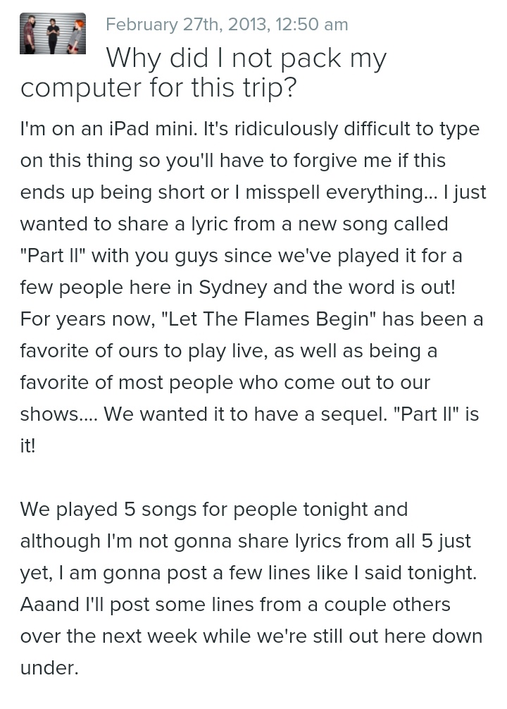 paramoreentries's tweet photo. FEBRUARY/27/2013

Hayley announces a sequel to Let The Flames Begin, Part II. https://t.co/yV56d82mya