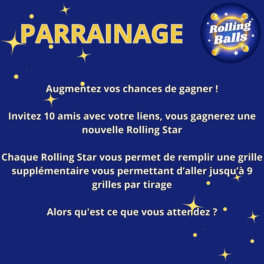 Rollingballs_'s tweet photo. Augmentez vos chances de gagner 🍀
Invitez 10 amis avec votre liens, vous gagnerez une nouvelle Rolling Star ⭐
Chaque Rolling Star vous permet de remplir une grille supplémentaire jusqu’à 9 grilles par tirage 🎱
Alors n’attendez plus pour tenter de remporter jusqu’à 300 000€ 🤩 https://t.co/HF0wIVW94n