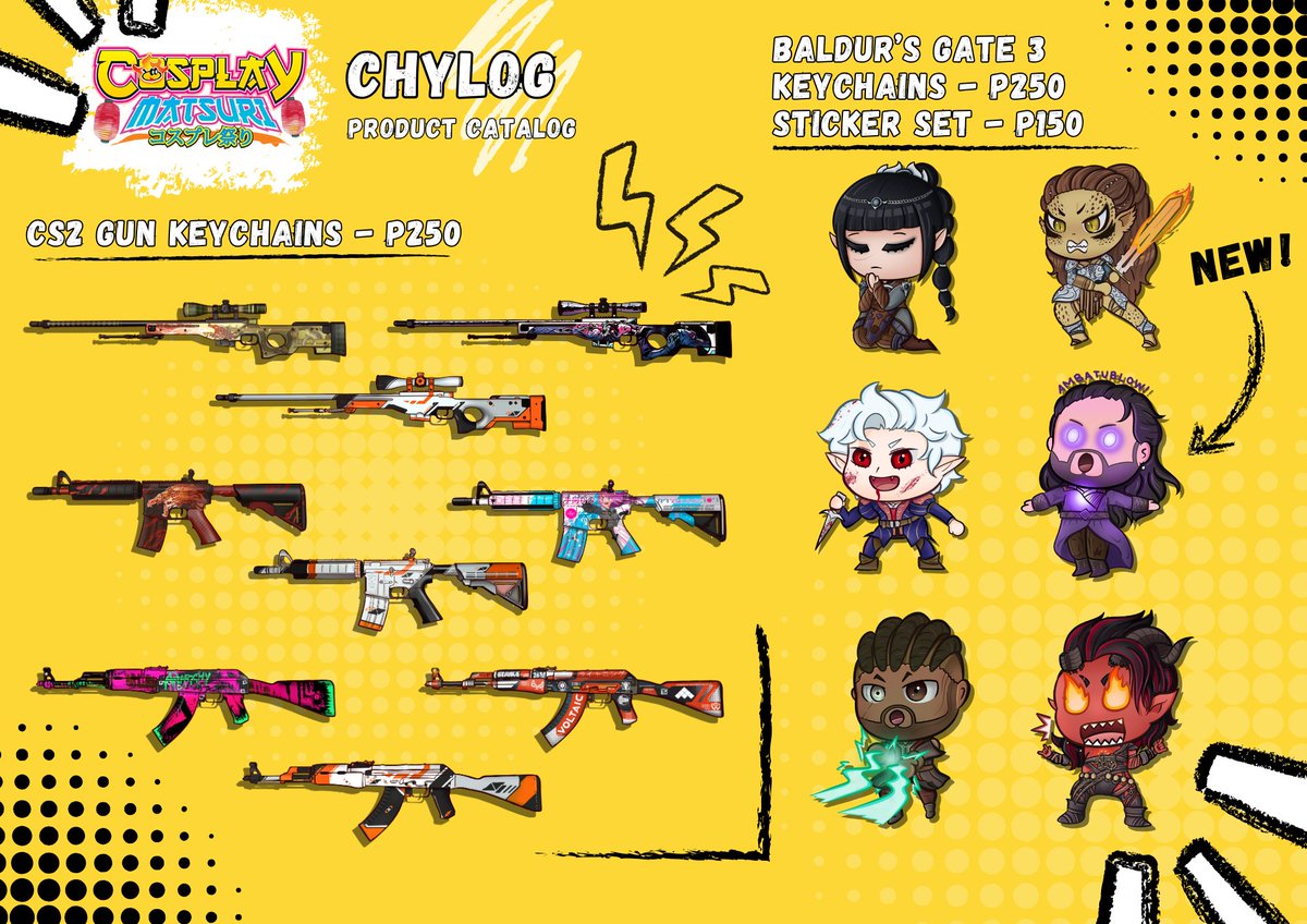 #CosplayMatsuri2023 catalog
Please drop by our table with <a href="/PPNO_Tubers/">PPNO🥒</a> at FL-05!

- CS2 Guns Keychain
- Baldur's Gate Merch
- Honkai Star Rail, Valorant, etc
1/2