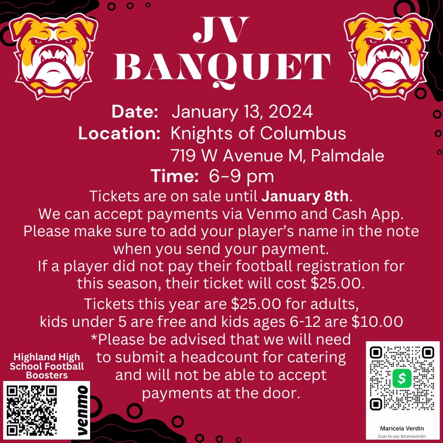 Attention JV families! As we end this season, we are preparing for the banquet.  If you would like to attend, please purchase your tickets by January 8th.