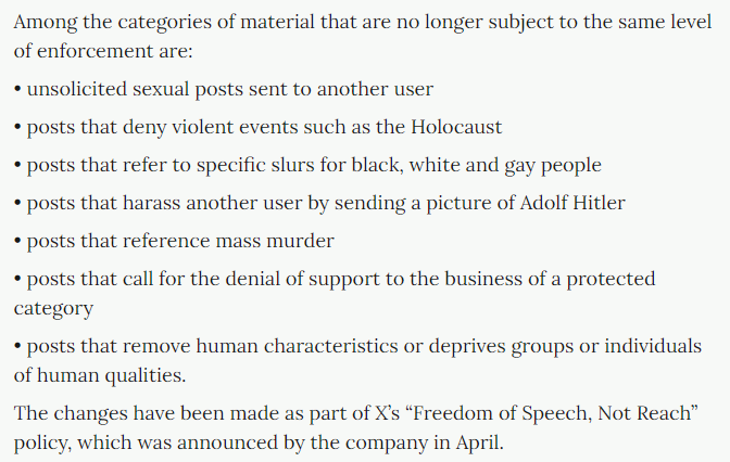 ScienceNotDogma's tweet photo. "Confidential documents obtained by the Business Post reveal in detail how X, formerly Twitter, has significantly watered down its trust and safety rules over recent months, and how its policies allow abusive and hateful accounts to remain on the platform."
@elonmusk = #EvilRich https://t.co/baglsVV7VX
