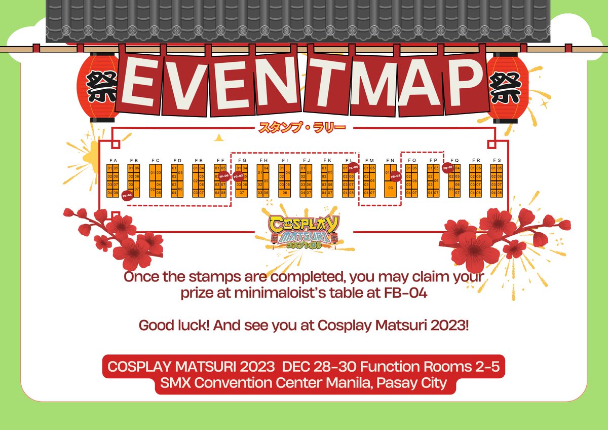 #CosplayMatsuri2023 Catalog 🎆

I’ll be tabling with PPNO at booth FL-05! + Stamp Rally with a bunch of cool artists 🫶

Got new sticker sets and I’ll be selling my pins at P50 only for the end of year sale! 

See details about Hanabi Matsuri for the stamp rally. See youu! 🎊
