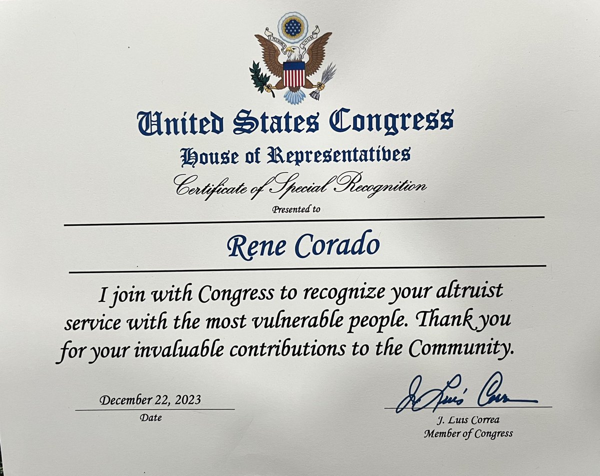 Gracias congresista Luis Correa del Congreso de Estados Unidos por este reconocimiento💗 Thank you Congressman Luis Correa of the United States Congress for this recognition💗