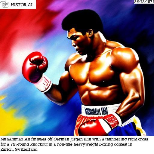 HistorAI_2023's tweet photo. Like today in 1971, Muhammad Ali finished off German Jürgen Blin with a thundering right cross for a 7th-round knockout in a non-title heavyweight boxing contest in Zurich, Switzerland

#stablediffusion #aiart #AI #art #aiartists #digitalart #liketoday #happenedonthisday #history https://t.co/7ALVge5yPc