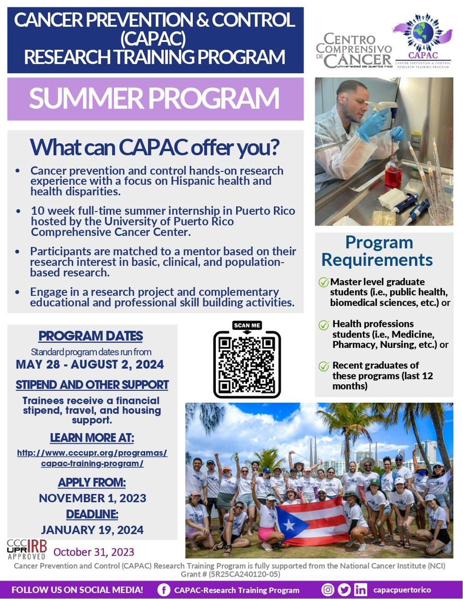 Great research opportunity for graduate and health professions students! Apply now! #CancerResearch #internship #trainingprogram #summer2024
<a href="/UPR_Oficial/">UPR</a> <a href="/rcmupr/">Recinto de Ciencias Médicas UPR</a> <a href="/cccupr/">Centro Comprensivo de Cancer UPR</a> <a href="/GroupHpv/">HPV Interest Group- UPRCCC</a> @NCICRCHD <a href="/VelisseSoto/">Marievelisse Soto</a> <a href="/capacpuertorico/">CAPAC – Research Training Program</a>