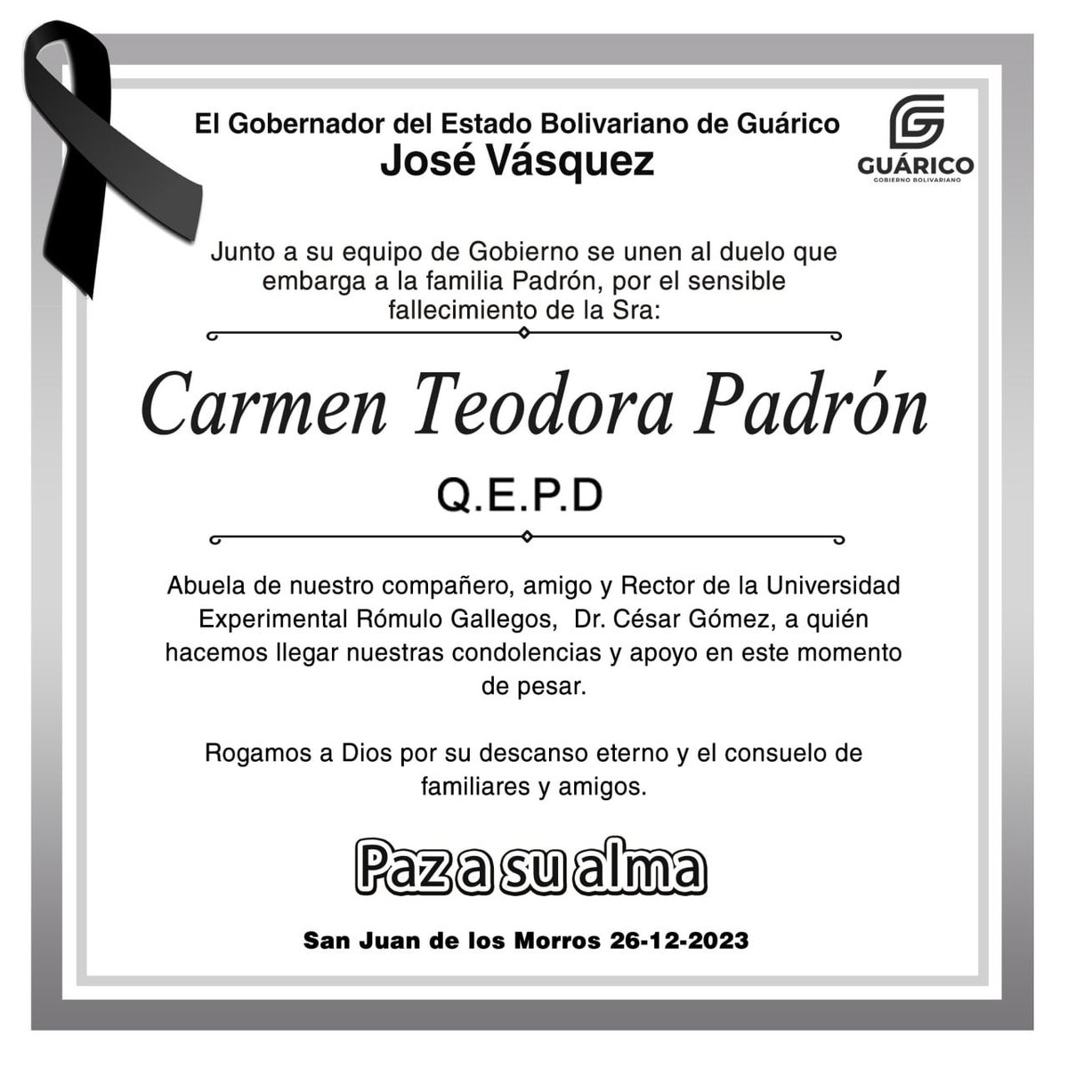 Nos unimos al duelo que embarga a la familia Padrón por el sensible fallecimiento de la Sra. Carmen Teodora Padrón, abuela del compañero, amigo y rector de nuestra alma mater <a href="/OficialUnerg/">Unerg Oficial</a>, César Gómez, a quien hacemos llegar nuestras condolencias. ¡Paz a su alma!