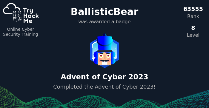 seyllers's tweet photo. Just finished the Advent of Cyber 2023!
Check it out:  https://t.co/a3qNu1ItrQ #tryhackme #security #adventofcyber2023 via @tryhackme https://t.co/LtN4euasUY