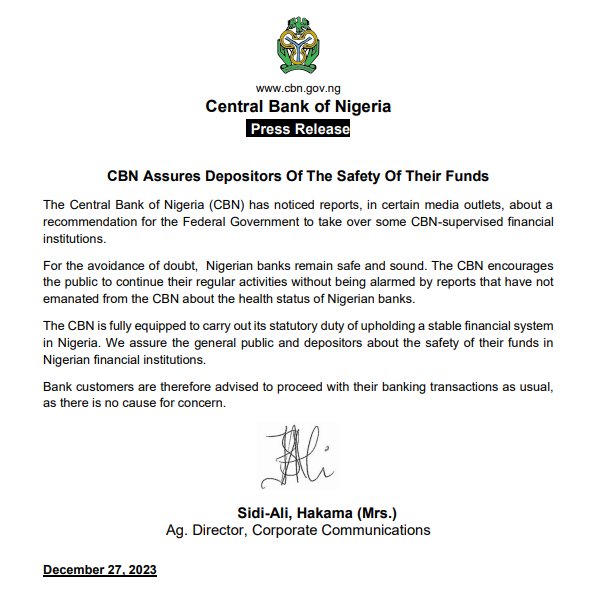CBN Assures Depositors Of The Safety Of Their Funds