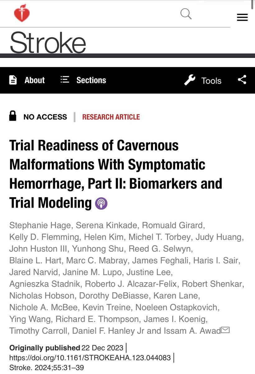 Happy to contribute to a large multicenter effort out now in a 2-part publication @StrokeAHA_ASA where we define advanced quantitative imaging biomarkers of iron deposition and vascular permeability in symptomatic cavernoma patients. New feasible endpoints for future trials!