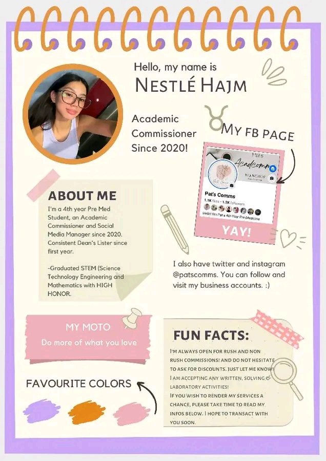 Hiiii, I'm Nestlé Hajm! I'm a fourth-year pre-med student and have been a Academic Commissioner since 2020. Need help with essays, language tasks, or college-level chemistry and physics? I'm your go-to person!

#AcademicTwitter #commissionsopen #commissionTH #acadcomms #patscomms